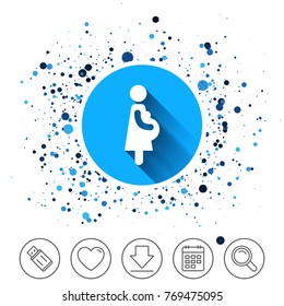 Button on circles background. Pregnant sign icon. Women Pregnancy symbol. Calendar line icon. And more line signs. Random circles. Editable stroke. Vector