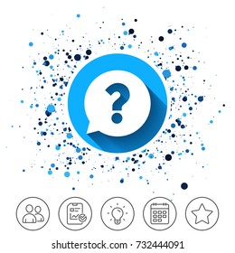 Button on circles background. Question mark sign icon. Help speech bubble symbol. FAQ sign. Calendar line icon. And more line signs. Random circles. Editable stroke. Vector