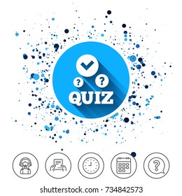 Button on circles background. Quiz with check and question marks sign icon. Questions and answers game symbol. Calendar line icon. And more line signs. Random circles. Editable stroke. Vector