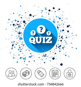 Button on circles background. Quiz with question marks sign icon. Questions and answers game symbol. Calendar line icon. And more line signs. Random circles. Editable stroke. Vector