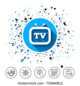 Button on circles background. Retro TV sign icon. Television set symbol. Calendar line icon. And more line signs. Random circles. Editable stroke. Vector