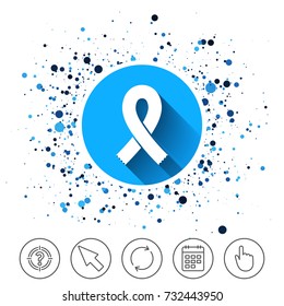 Button on circles background. Ribbon sign icon. Breast cancer awareness symbol. Calendar line icon. And more line signs. Random circles. Editable stroke. Vector