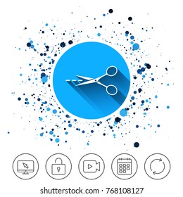 Button on circles background. Scissors with cut dash dotted line sign icon. Tailor symbol. Calendar line icon. And more line signs. Random circles. Editable stroke. Vector