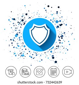 Button on circles background. Shield sign icon. Protection symbol. Calendar line icon. And more line signs. Random circles. Editable stroke. Vector