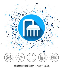 Button on circles background. Shower sign icon. Douche with water drops symbol. Calendar line icon. And more line signs. Random circles. Editable stroke. Vector