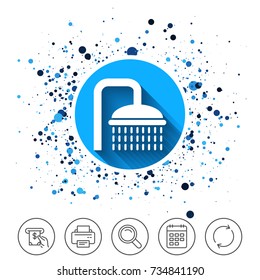 Button on circles background. Shower sign icon. Douche with water drops symbol. Calendar line icon. And more line signs. Random circles. Editable stroke. Vector