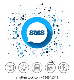 Button on circles background. SMS speech bubble icon. Information message symbol. Calendar line icon. And more line signs. Random circles. Editable stroke. Vector