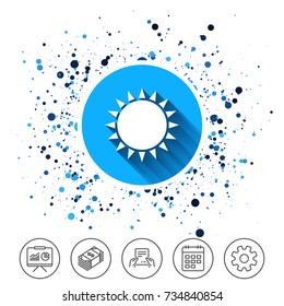 Button on circles background. Sun icon. Sunlight summer symbol. Hot weather sign. Calendar line icon. And more line signs. Random circles. Editable stroke. Vector