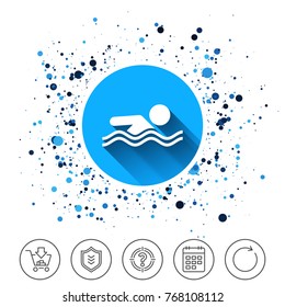 Button on circles background. Swimming sign icon. Pool swim symbol. Sea wave. Calendar line icon. And more line signs. Random circles. Editable stroke. Vector