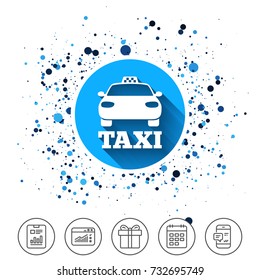 Button on circles background. Taxi car sign icon. Public transport symbol. Calendar line icon. And more line signs. Random circles. Editable stroke. Vector
