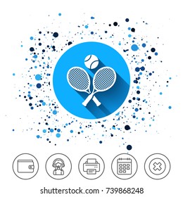 Button on circles background. Tennis rackets with ball sign icon. Sport symbol. Calendar line icon. And more line signs. Random circles. Editable stroke. Vector