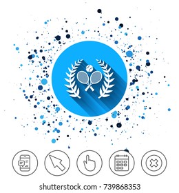Button on circles background. Tennis rackets with ball sign icon. Sport laurel wreath symbol. Winner award. Calendar line icon. And more line signs. Random circles. Editable stroke. Vector