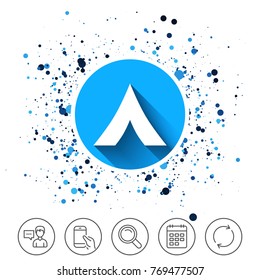 Button on circles background. Tourist tent sign icon. Camping symbol. Calendar line icon. And more line signs. Random circles. Editable stroke. Vector