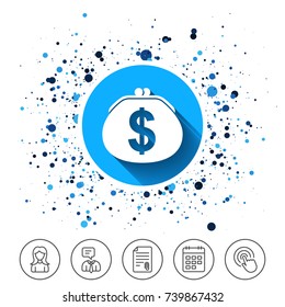 Button on circles background. Wallet dollar sign icon. Cash bag symbol. Calendar line icon. And more line signs. Random circles. Editable stroke. Vector