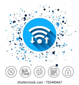 Button on circles background. Wifi signal sign. Wi-fi upload, download symbol. Wireless Network icon. Internet zone. Calendar line icon. And more line signs. Random circles. Editable stroke. Vector