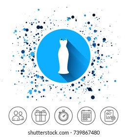 Button on circles background. Woman dress sign icon. Elegant bride symbol. Calendar line icon. And more line signs. Random circles. Editable stroke. Vector