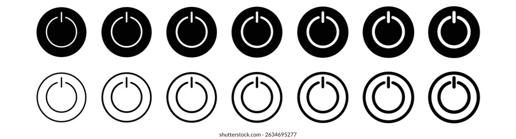 Button on off icon set. Power Turn on off switch vector symbol in a black filled and outline style. Shutdown and logout button. Vector illustration.