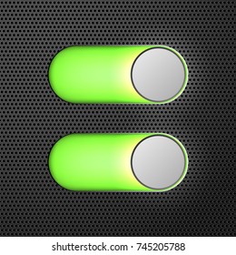 button on and off with neon lights on a perforated metal background, two buttons on vector illustration

