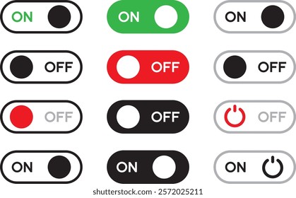 button On Off vector isolated icon collection. Power switch icons.  Different styles, On and Off buttons, button design. Vector icons Red and green and black switch interface buttons