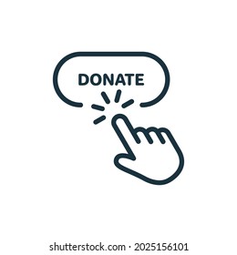 Button for Online Donate Line Icon. Donation with Click Linear Pictogram. Support and Give Help Online Outline Icon. Charity and Donation Concept. Editable Stroke. Isolated Vector Illustration.