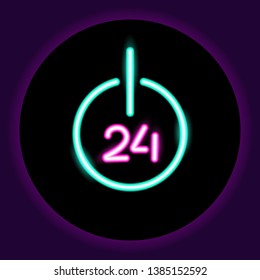 Button open 24 neon sign. Vector illustration. Neon composition, the concept of open promotion.