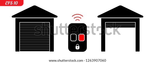 Button to\
open the garage door. Vector illustration. Button to control the\
garage door, which opens the gate to enter the car. Two boxes and a\
remote control opening. Vector EPS\
10.\
\
\
