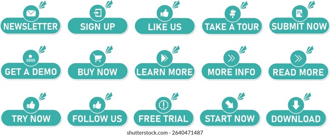 Button Pack. Collection of teal call-to-action buttons with icons and texts like "Sign Up", "Learn More", "Buy Now", ideal for websites, marketing, e-commerce, and user interfaces.