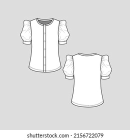 button panel Ruffle gathering cuff Sleeve top henley neck full open sleeve ruffles detail fashion t shirt top blouse clothing flat sketch technical drawing template design vector