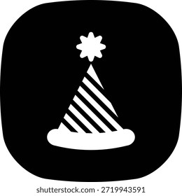 Ein Knopf-Party-Hut-Symbol mit Streifen und einem Pom-Pom, der Geburtstagsfeiern, Feiern und festliche Zusammenkünfte darstellt.