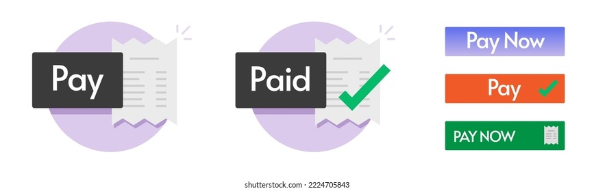 Button payment order bill action icon vector, paid done online invoice status ui graphic, success checkout confirm notice notification, completed transaction clipart set design label orange green svg