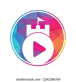 Button play and castle vector logo combination. Record and tower symbol or icon.