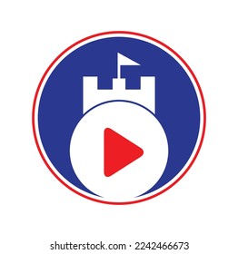 Button play and castle vector logo combination. Record and tower symbol or icon.