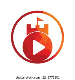 Button play and castle vector logo combination. Record and tower symbol or icon.