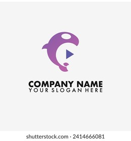 Button play, orca whale, vector logo in modern style