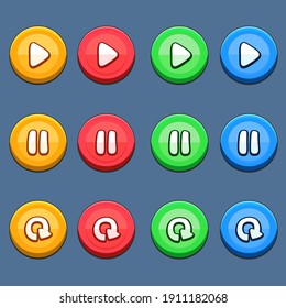 Button play, pause and refrest for game red, yellow, green, blue for game design and interface