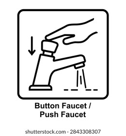 Button push faucet operation instruction icon line art vector illustration. Self closing push button water tap line icon pictogram vector. Press button faucet instruction sign icon isolated on white background
