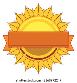 Button resembling the Sun, with empty ribbon template. Design in flat style and outlines over white background.