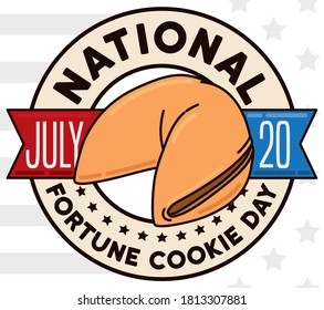 Button with ribbons and fortune cookie inside of it, ready to celebrate National Fortune Cookie Day in July 20.