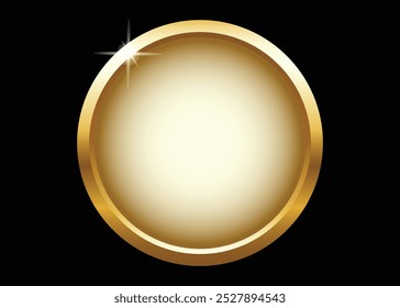 button in round gold frame vector illustration. 3d realistic shiny metal golden circle ring for website, abstract badge element design isolated on black background.