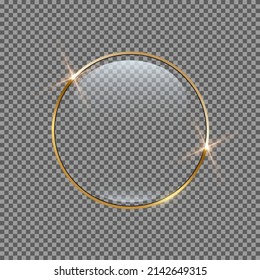 Button Of Round Shape With Gold Shiny Circle Frame And Glass Clear Surface Vector Illustration. Realistic 3d Glossy Panel With Bright Light Effect On Border Isolated On Transparent Background