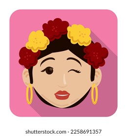Button with rounded corners with Barranquilla's Carnival woman face with flowers and earrings, winking at you. Design in flat style and long shadow.