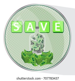 button save money. dollars in a glass jar. illustration