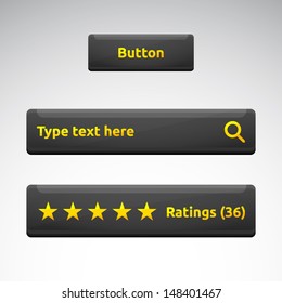 Button search bar rating box with stars | dark theme template | business vector design | golden and white | web elements set
