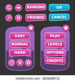 Button set designed game user interface (GUI) illustration for console and computer. Vector asset for creating medieval video and computer game. RPG, strategy, shooting, racing, fighting, simulation