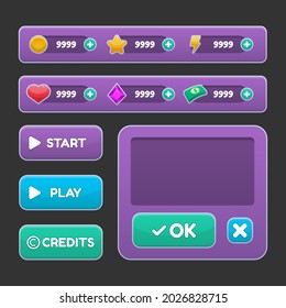 Button set designed game user interface (GUI) illustration for console and computer. Vector asset for creating medieval video and computer game. RPG, strategy, shooting, racing, fighting, simulation