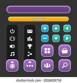 Button set designed game user interface (GUI) illustration for console and computer. Vector asset for creating medieval video and computer game. RPG, strategy, shooting, racing, fighting, simulation