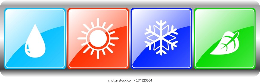 button set with drop, sun, snowflake, leaf on metal backdrop