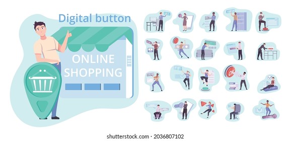 Button set of flat isolated compositions with small human characters touching digital buttons for online shopping vector illustration