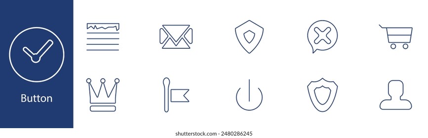 Button set icon. Checklist, email, shield, delete, cart, crown, flag, power, profile, security. UI, user interface, web design concept.