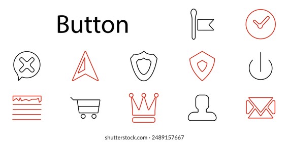 Button set icon. Close, navigation, shield, power, flag, shopping, crown, user, message, menu, task, security, interface, click, internet, application, control, access, digital.